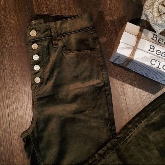 7 For All Mankind High Waist Button Fly Skinny Velvet Pant Olive Green 26 NWT - Picture 5 of 11